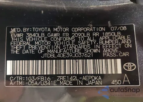 2009 Toyota Corolla Le z USA, uszkodzony, nr VIN JTDBL40E39J037621